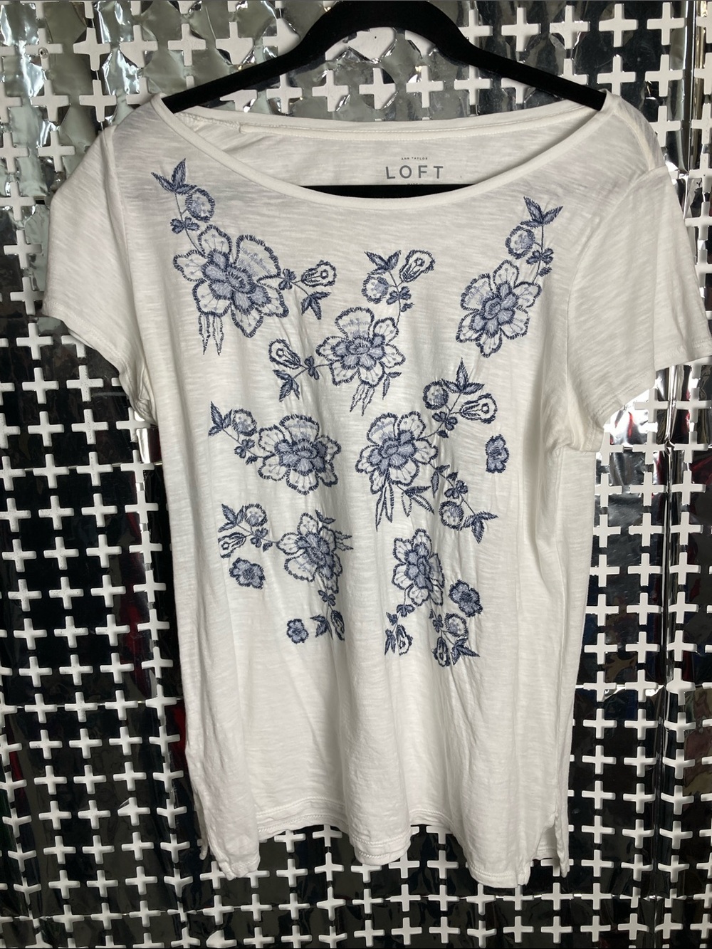 LOFT White Short Sleeve Tee with Blue Floral Embroidery